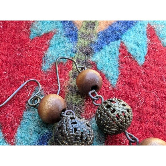 Vintage Wood Bead Dangle Earrings - Picture 2 of 8